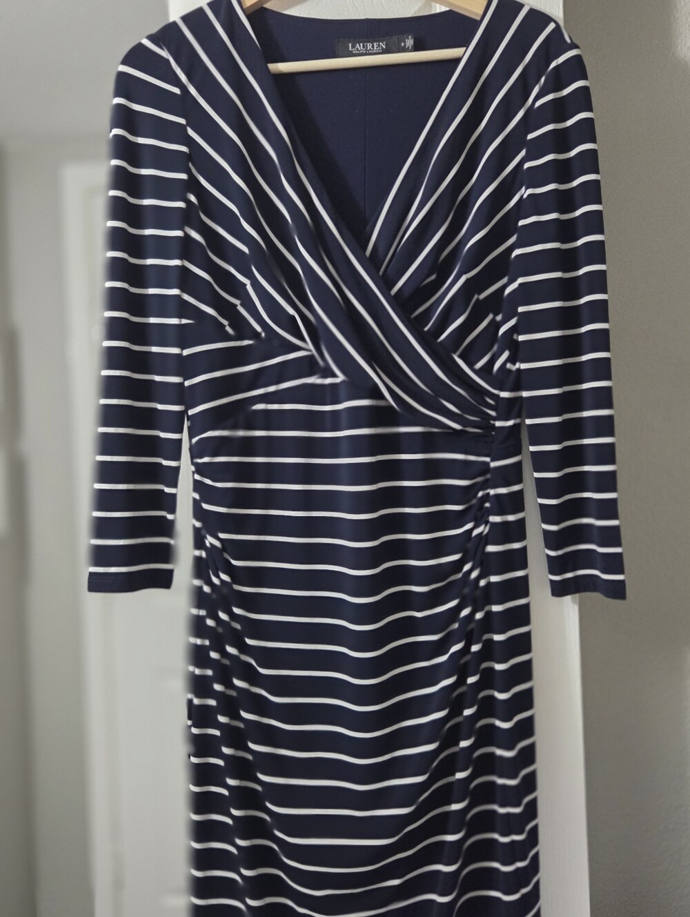 Lauren Ralph Lauren Navy & White Striped Faux-Wrap Dress
